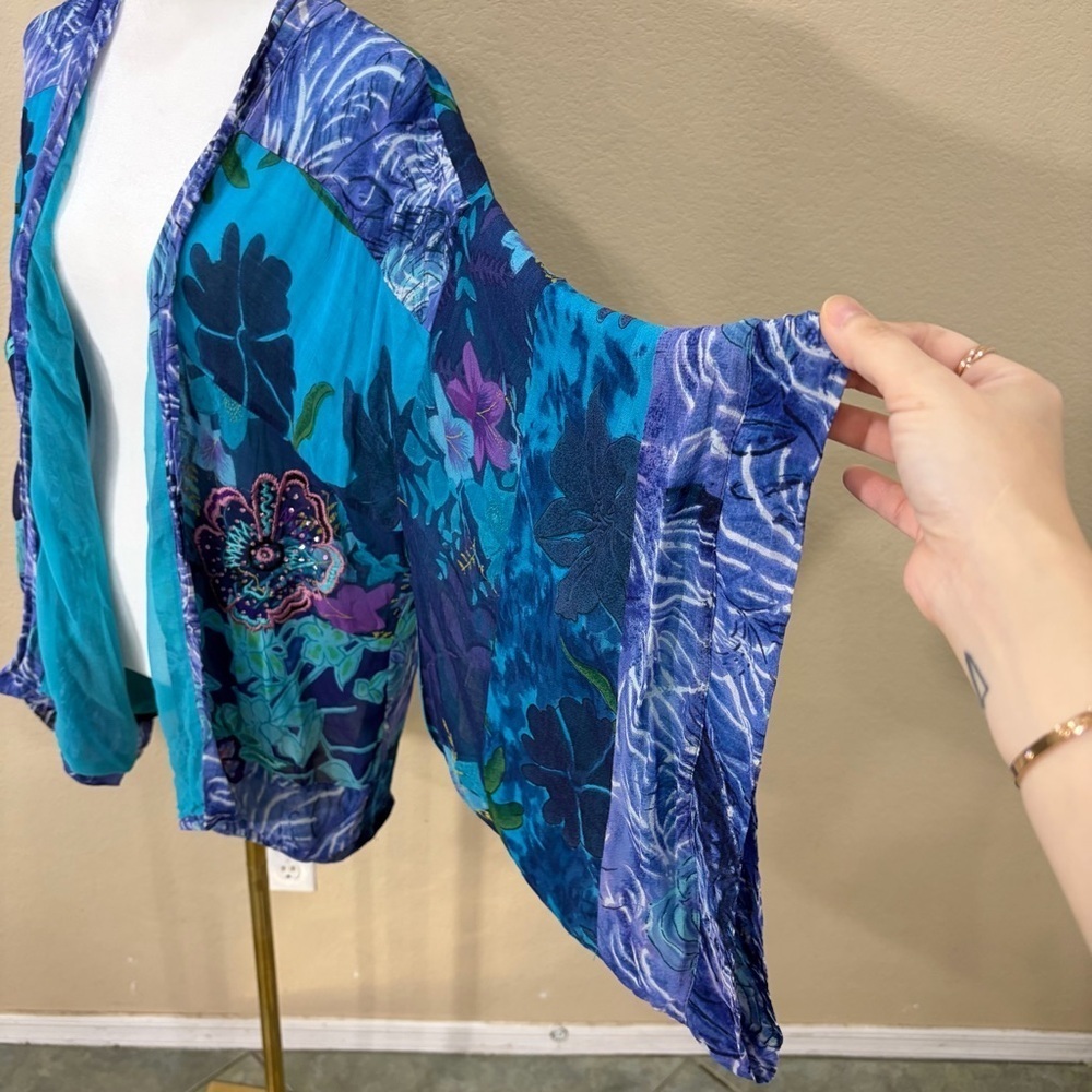 Half Moon Bay Womens Blue Floral Beaded Embroidered Open Kimono Sz L Boho Hippie - Picture 2 of 13